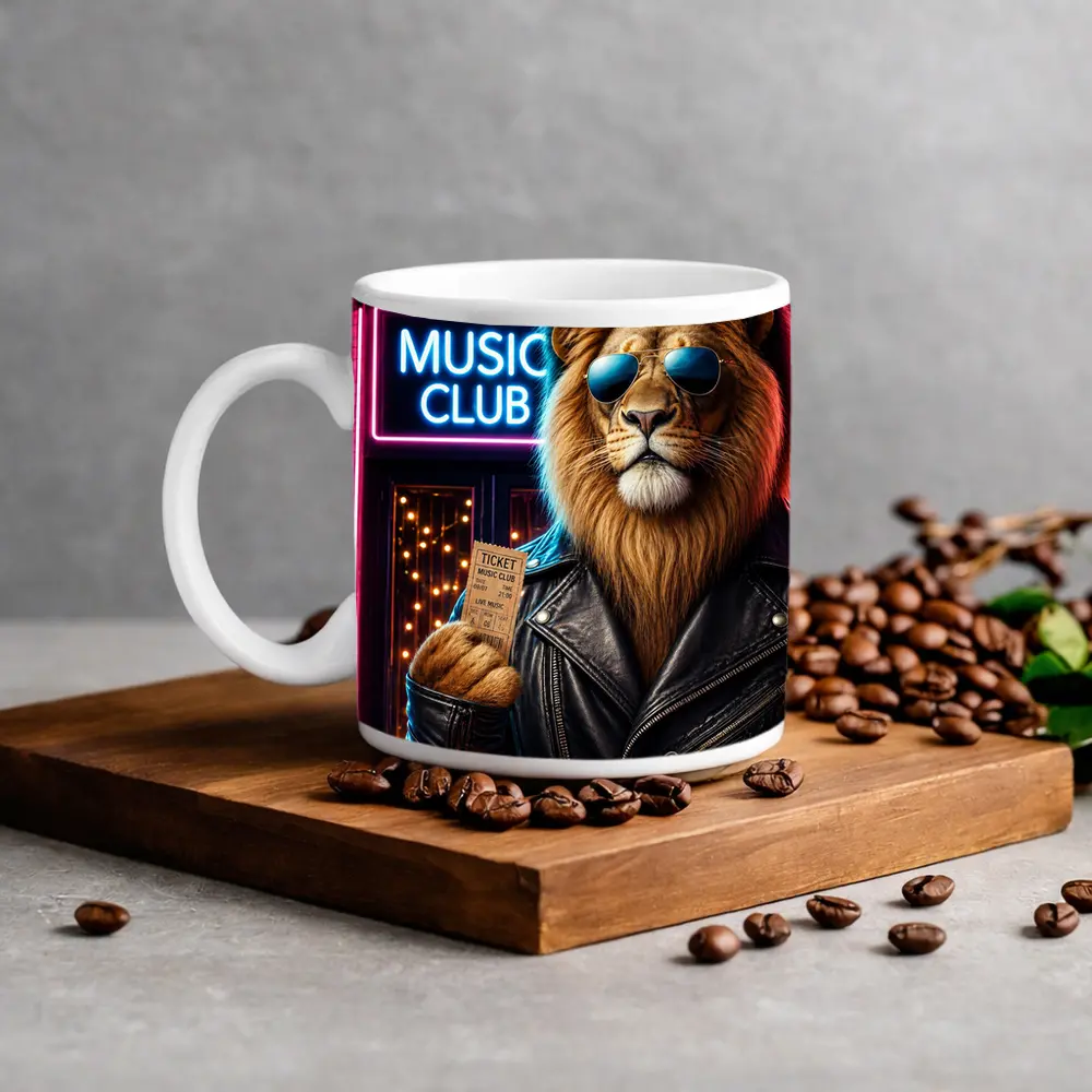 Lion in Leather Jacket at Music Club – Mugs