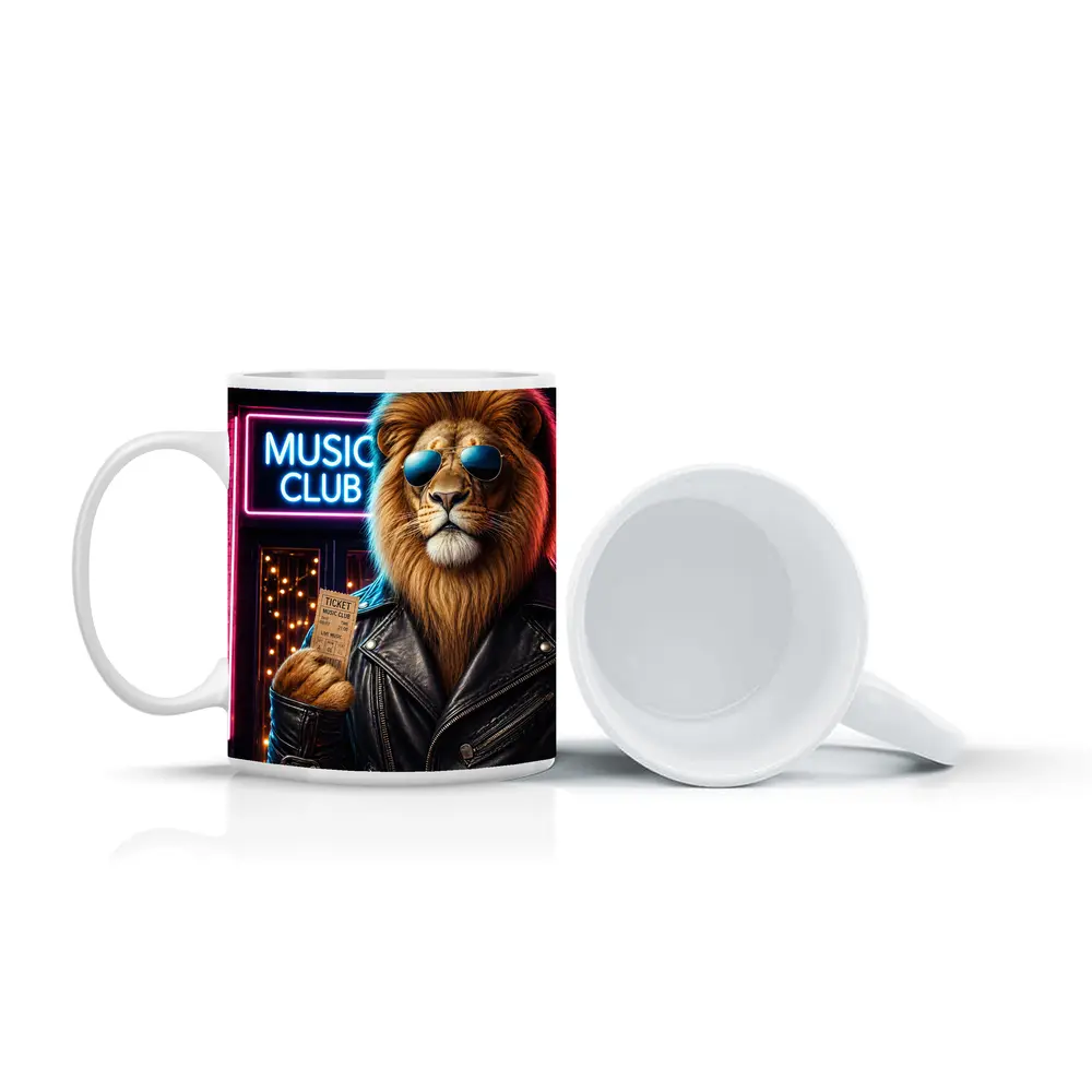 Lion in Leather Jacket at Music Club – Mugs