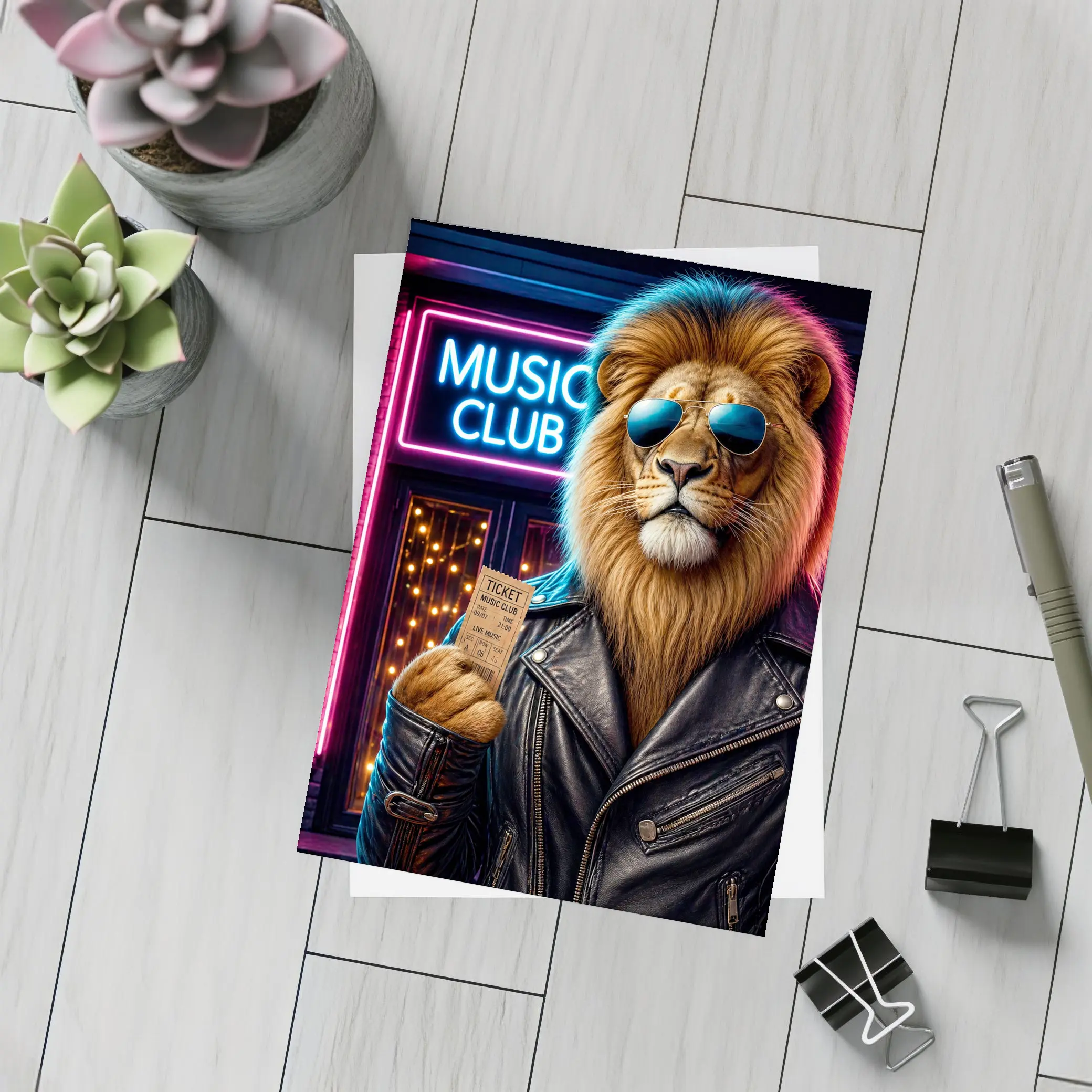 Lion in Leather Jacket at Music Club – Postcards