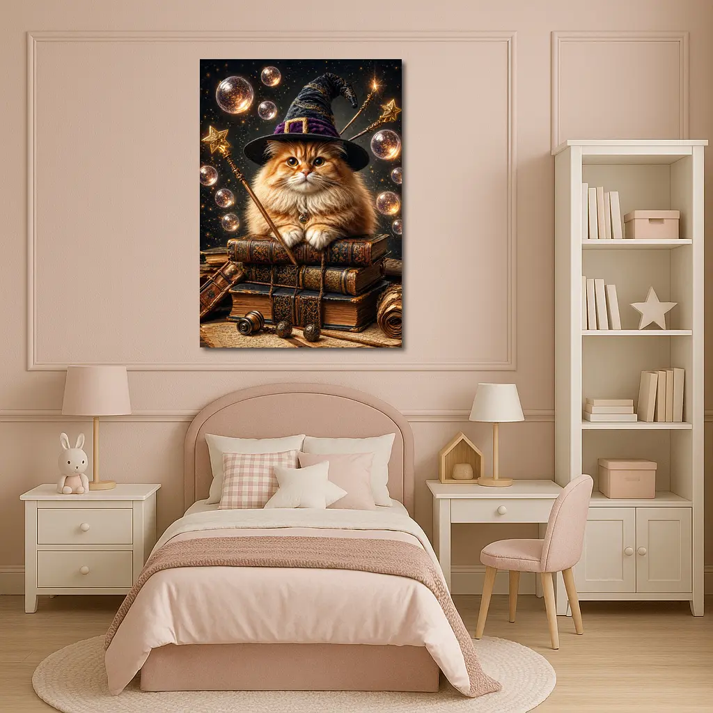 Wizard Cat With Magic Wand And Books – Wall Art