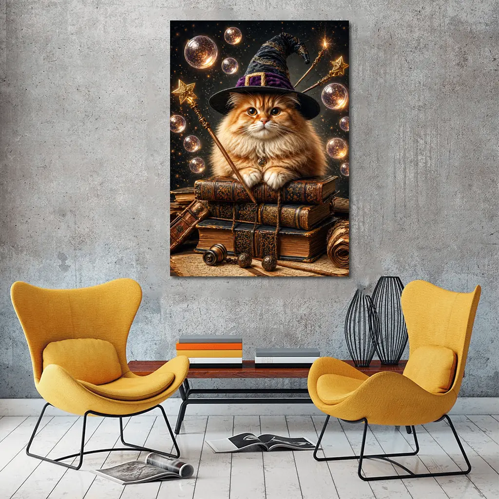 Wizard Cat With Magic Wand And Books – Wall Art