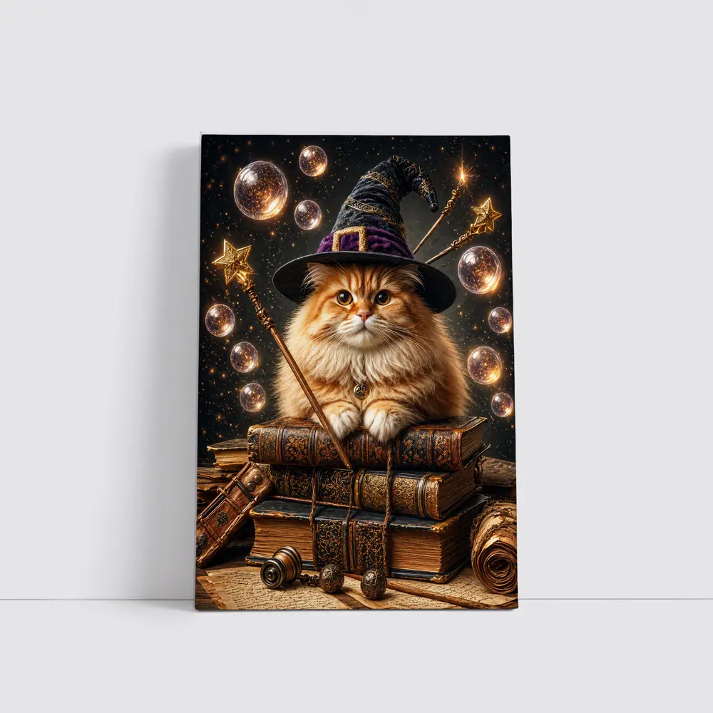 Wizard Cat With Magic Wand And Books – Wall Art
