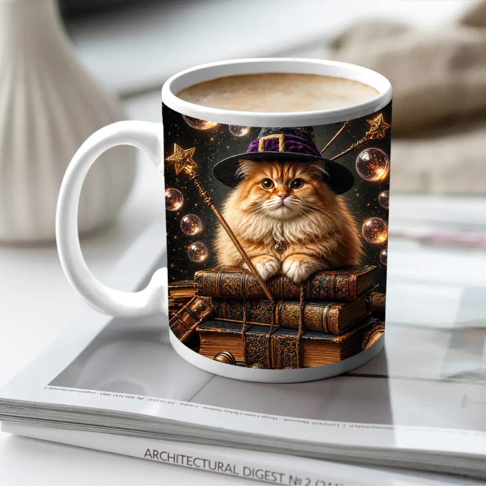 Wizard Cat With Magic Wand And Books – Mugs