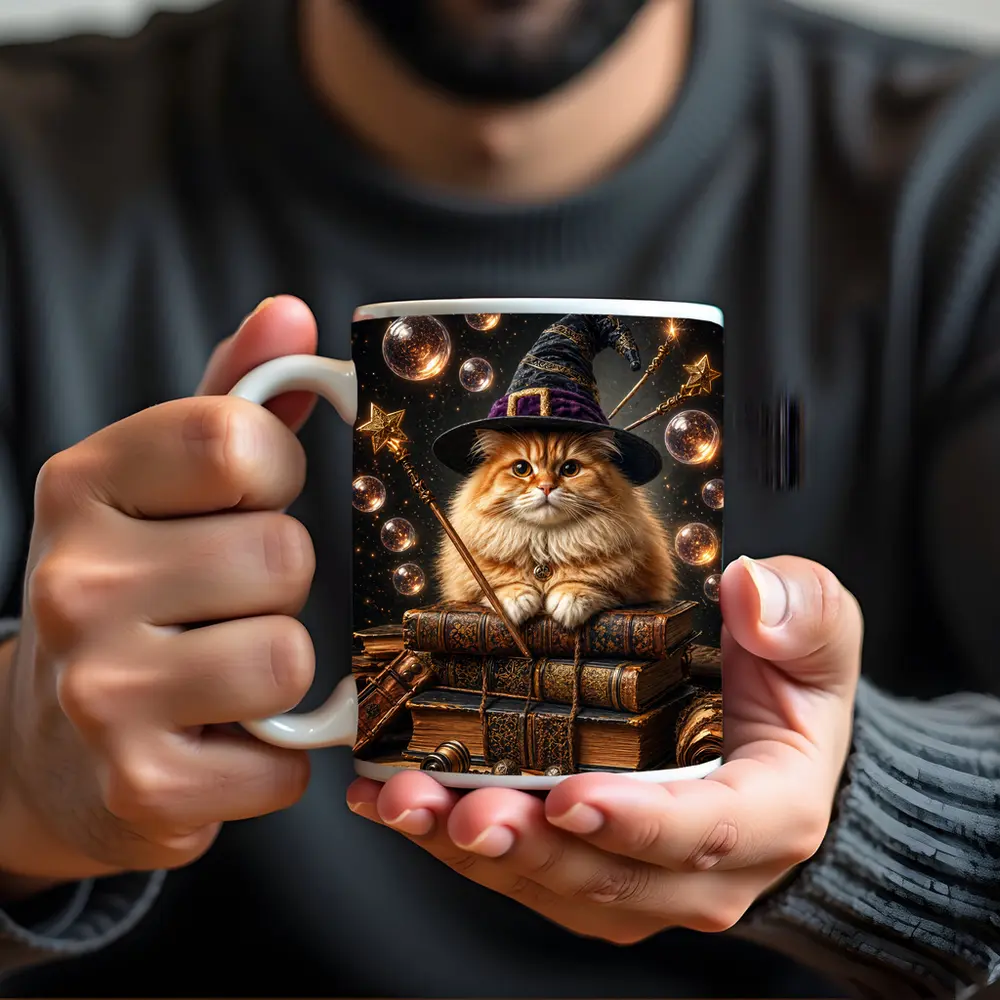 Wizard Cat With Magic Wand And Books – Mugs