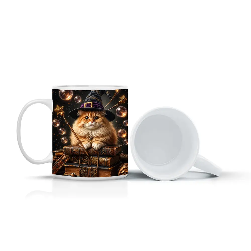 Wizard Cat With Magic Wand And Books – Mugs