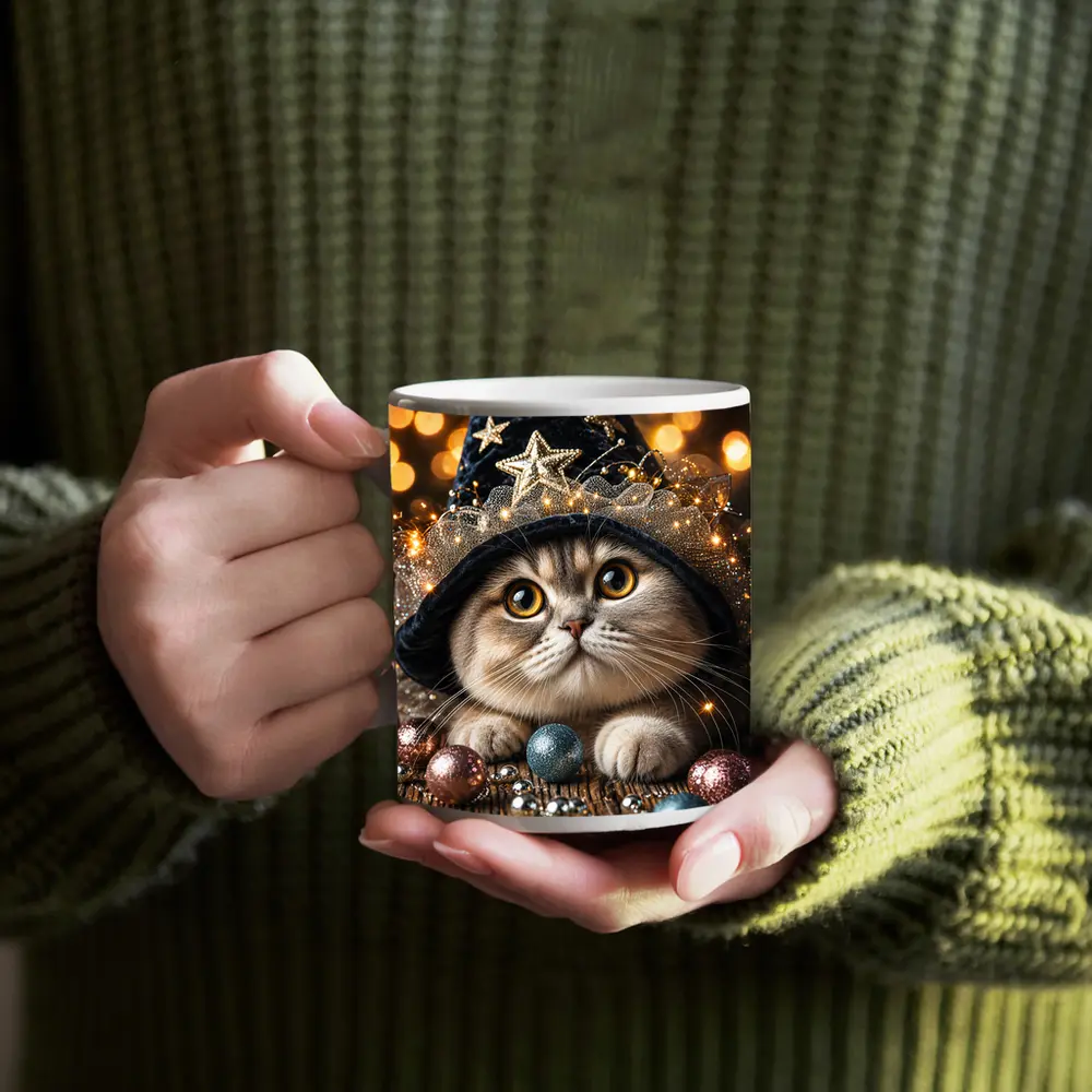 Scottish Fold Cat Wizard Hat Bokeh Lights – Mugs