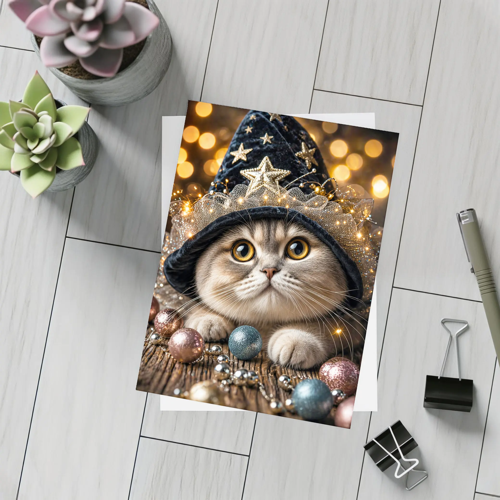 Scottish Fold Cat Wizard Hat Bokeh Lights – Postcards