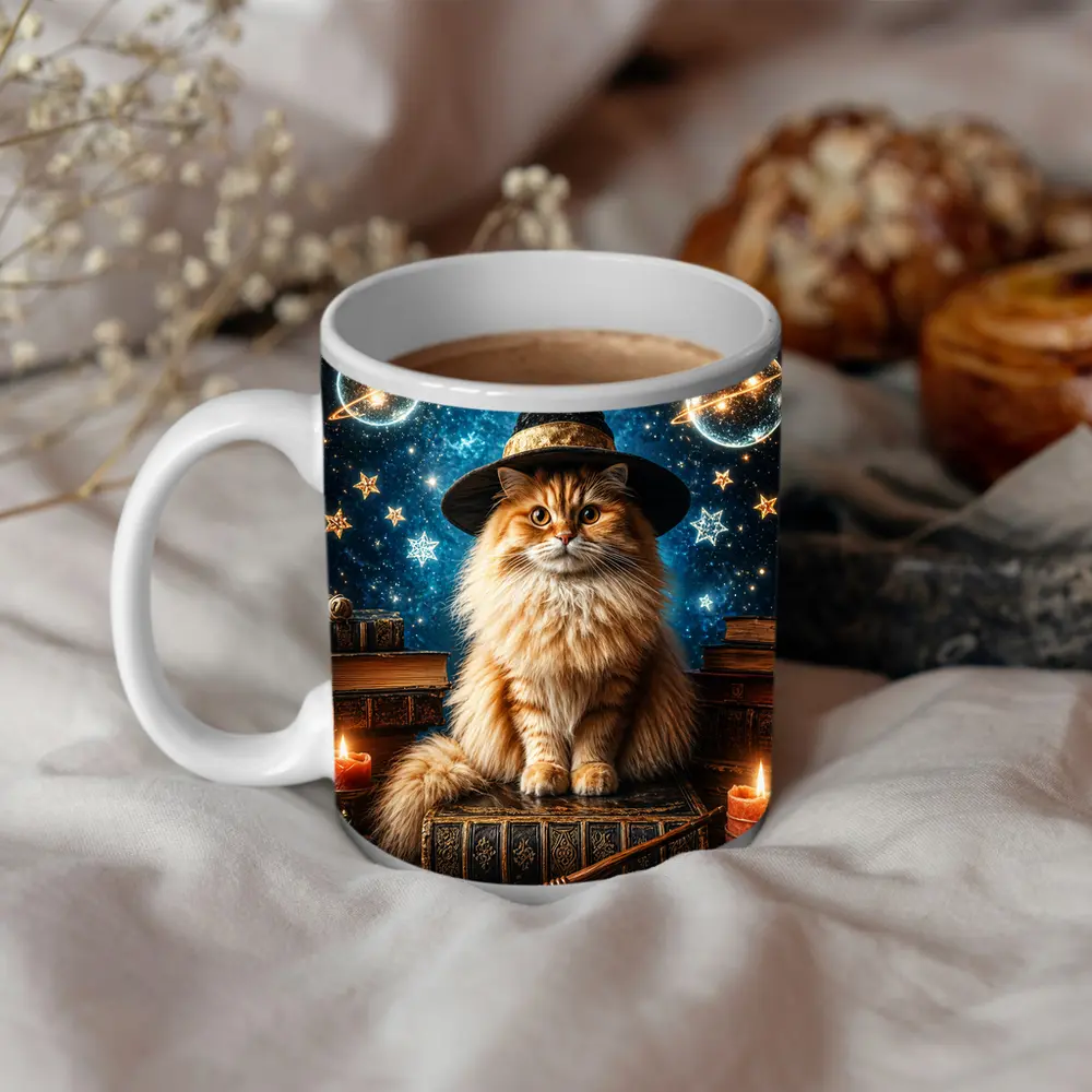 Wizard Cat With Stars And Magic Books – Mugs