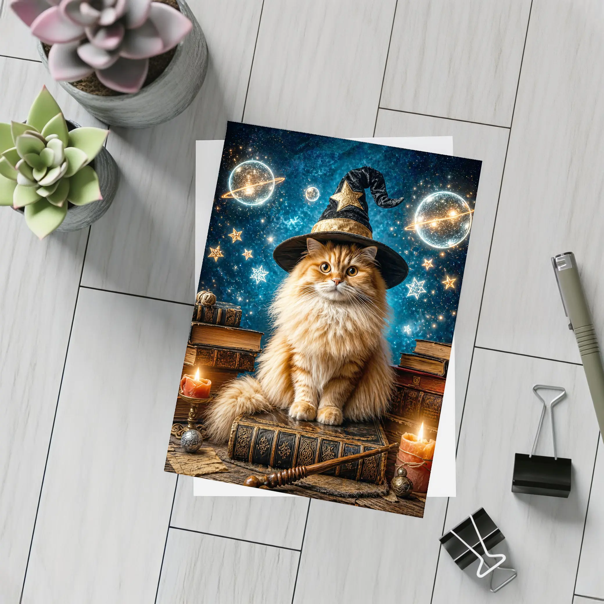 Wizard Cat With Stars And Magic Books – Postcards