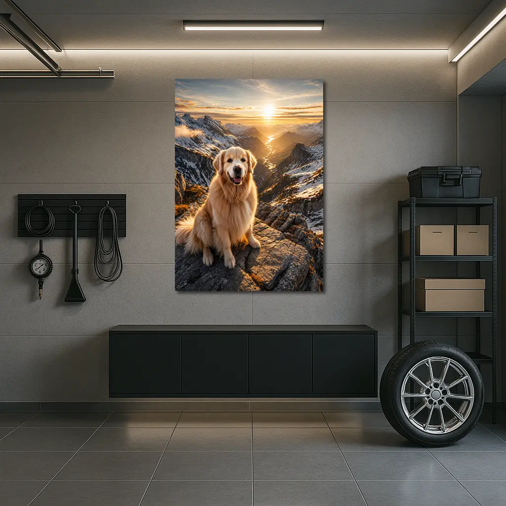 Golden Retriever Sitting On Mountain Summit Sunset – Wall Art