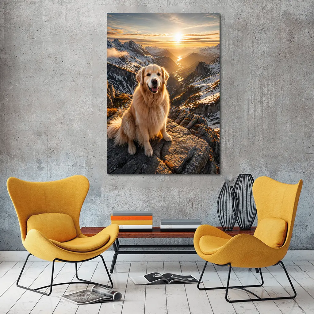 Golden Retriever Sitting On Mountain Summit Sunset – Wall Art