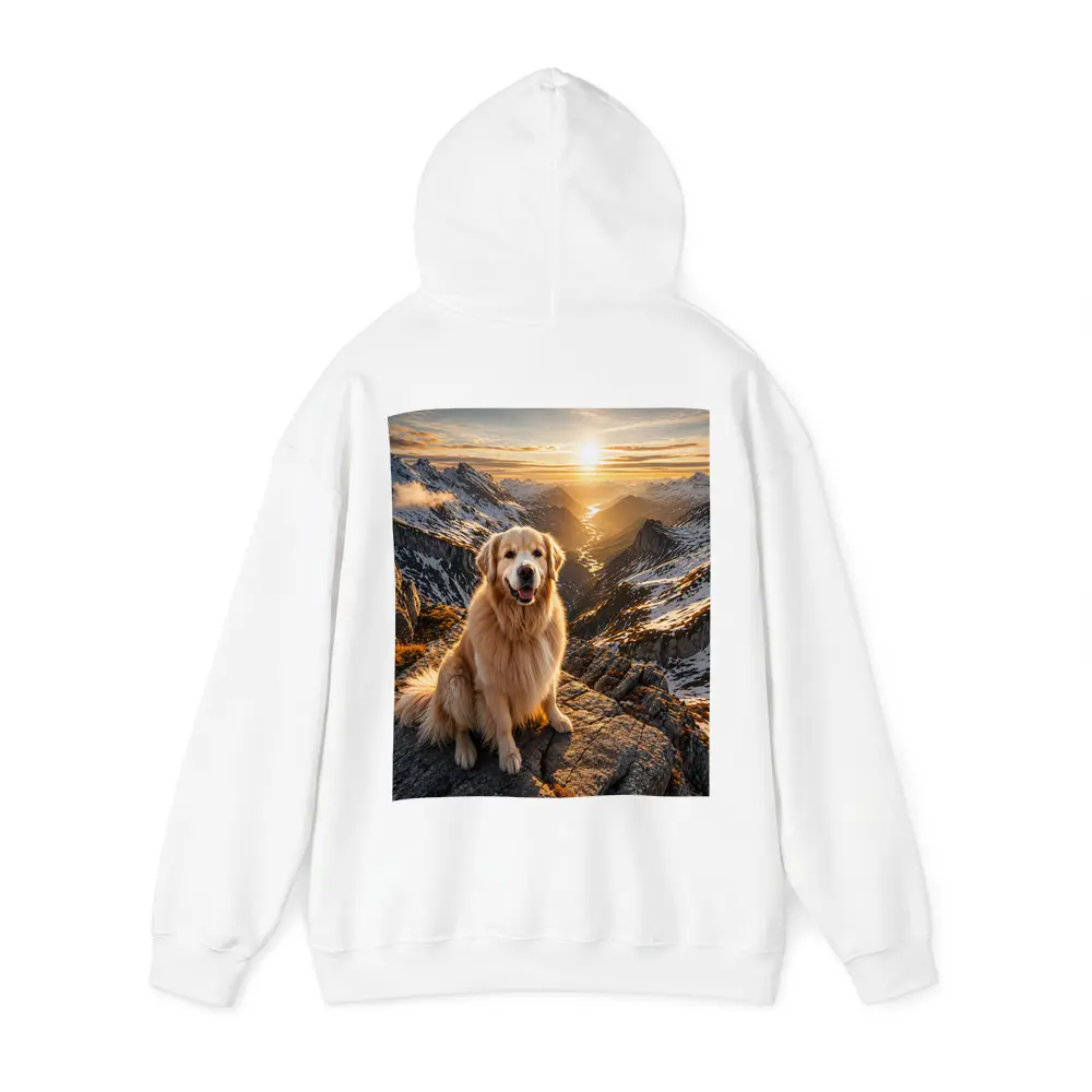 Golden Retriever Sitting On Mountain Summit Sunset – Hoodies