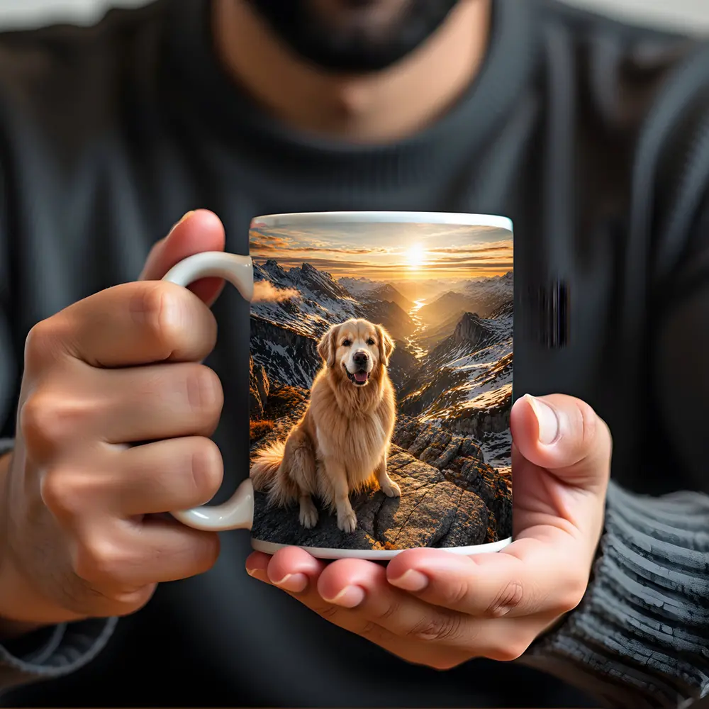 Golden Retriever Sitting On Mountain Summit Sunset – Mugs
