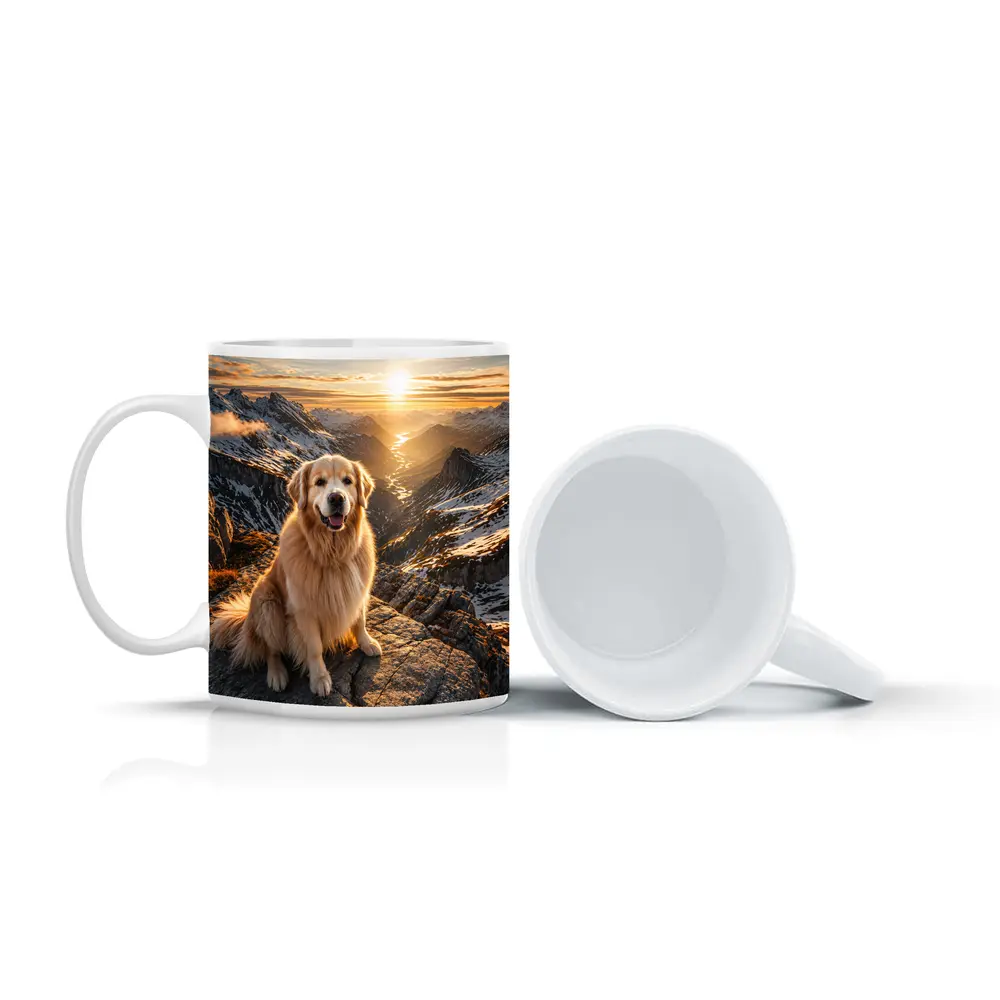 Golden Retriever Sitting On Mountain Summit Sunset – Mugs