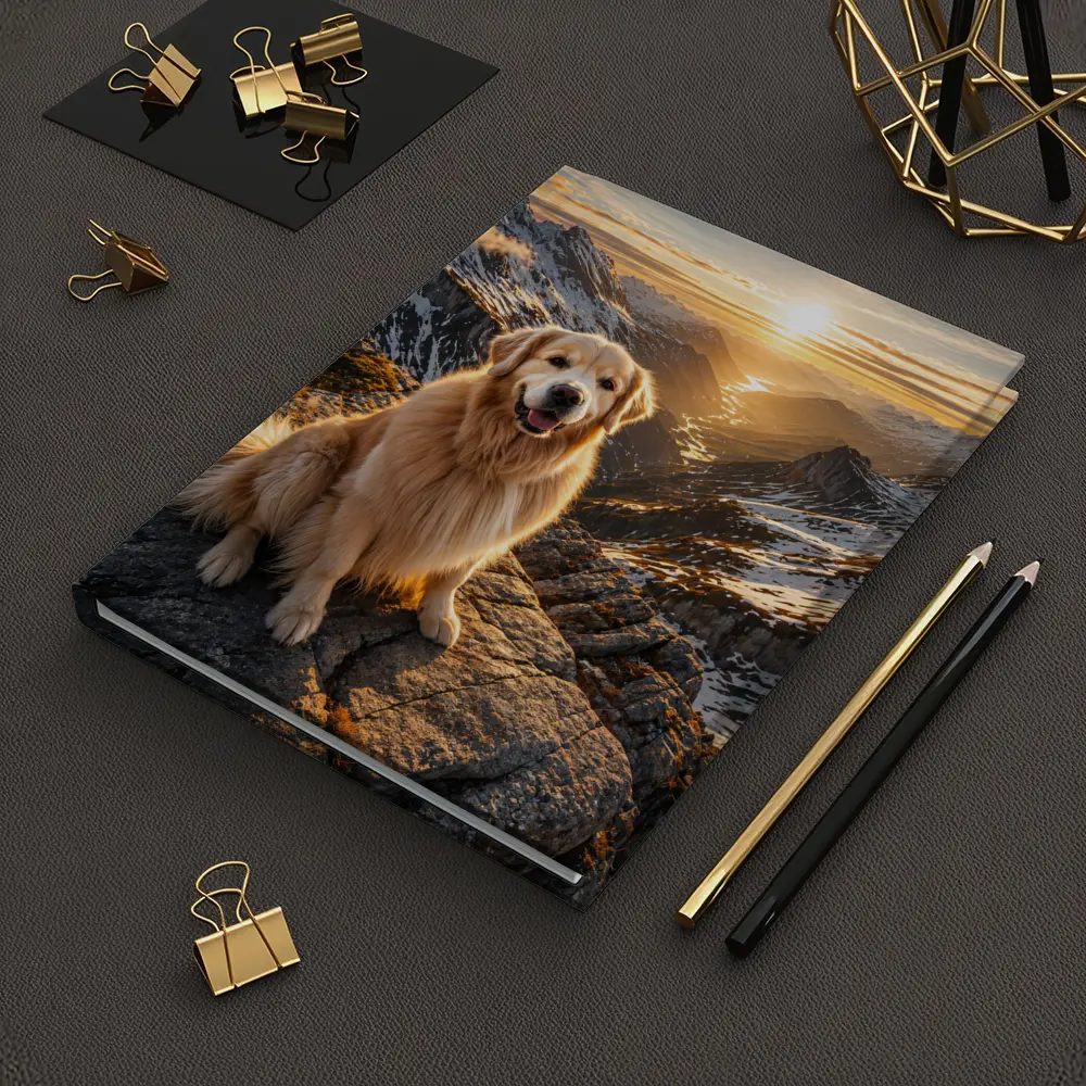 Golden Retriever Sitting On Mountain Summit Sunset – Notebooks