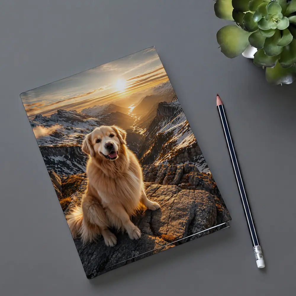 Golden Retriever Sitting On Mountain Summit Sunset – Notebooks