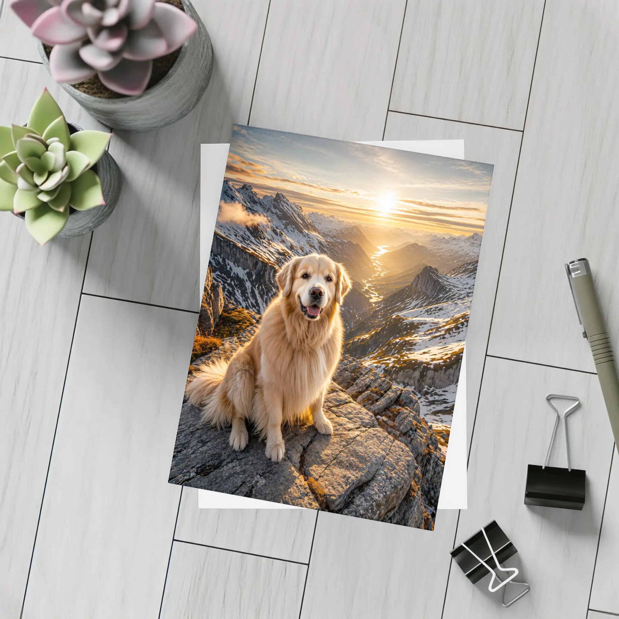 Golden Retriever Sitting On Mountain Summit Sunset – Postcards