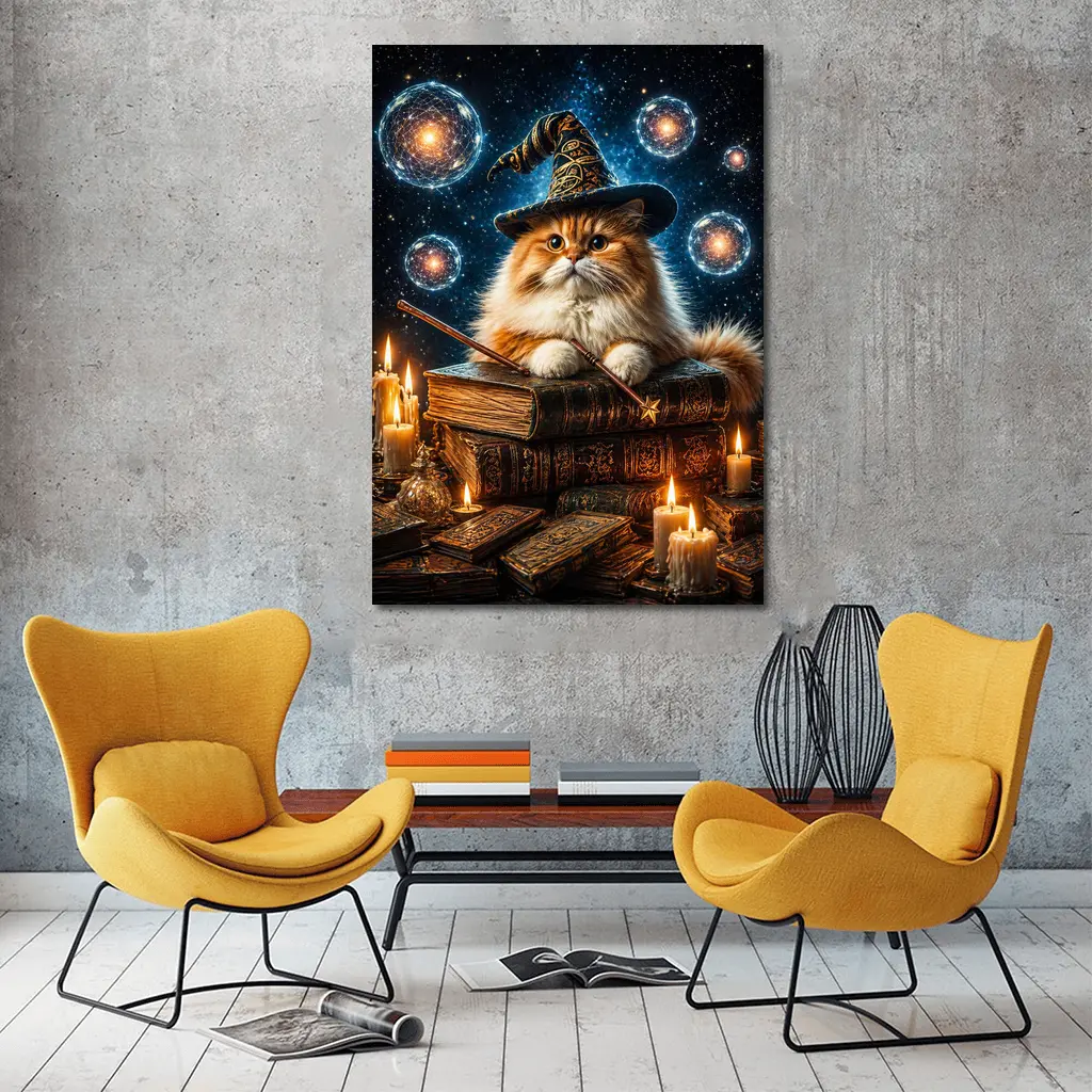 Wizard Cat With Magic Wand And Books – Wall Art