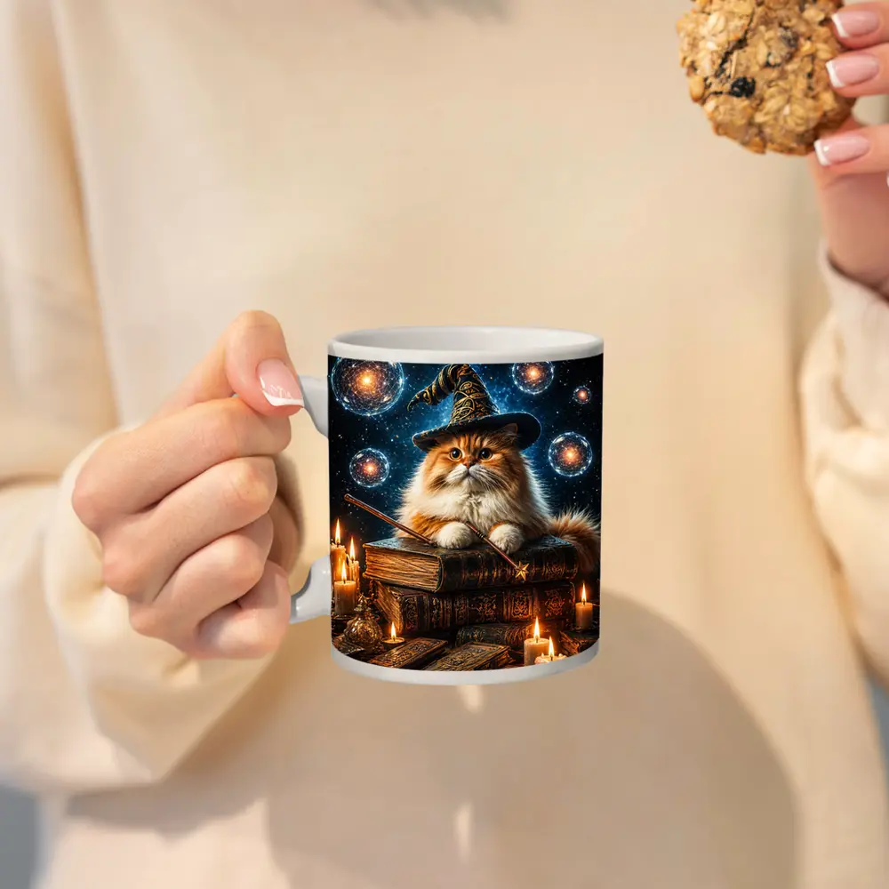 Wizard Cat With Magic Wand And Books – Mugs
