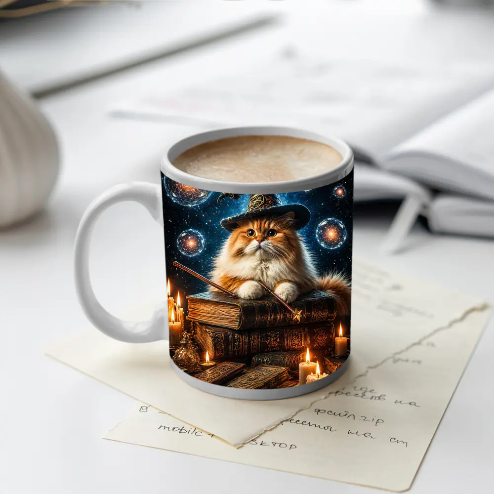 Wizard Cat With Magic Wand And Books – Mugs
