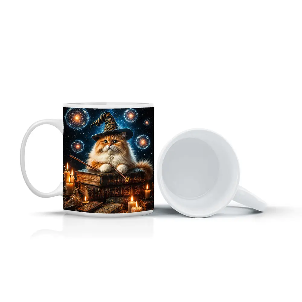 Wizard Cat With Magic Wand And Books – Mugs