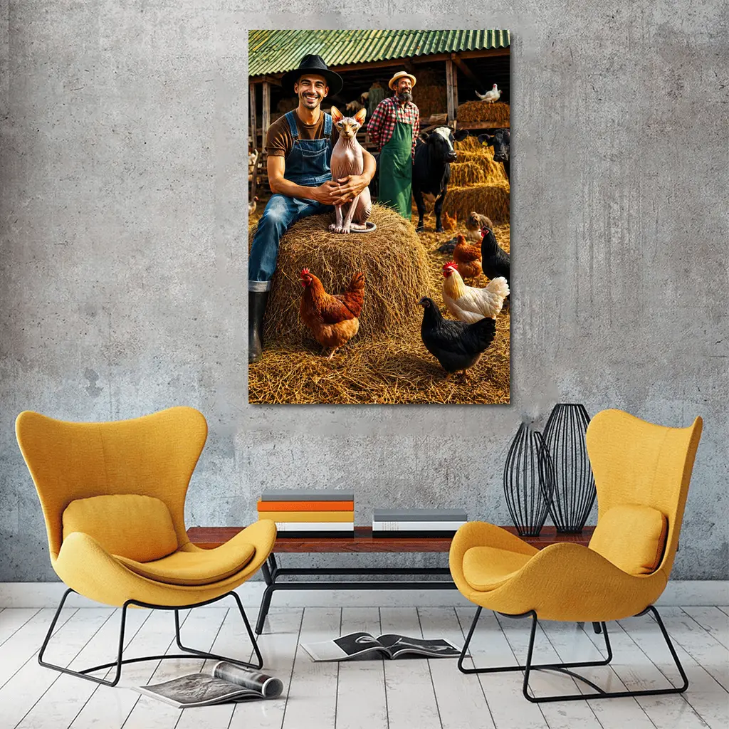 Sphynx Cat Farmer Barn Chickens Hay – Wall Art