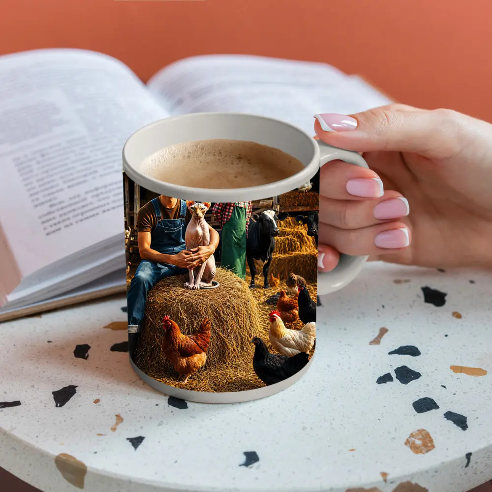 Sphynx Cat Farmer Barn Chickens Hay – Mugs