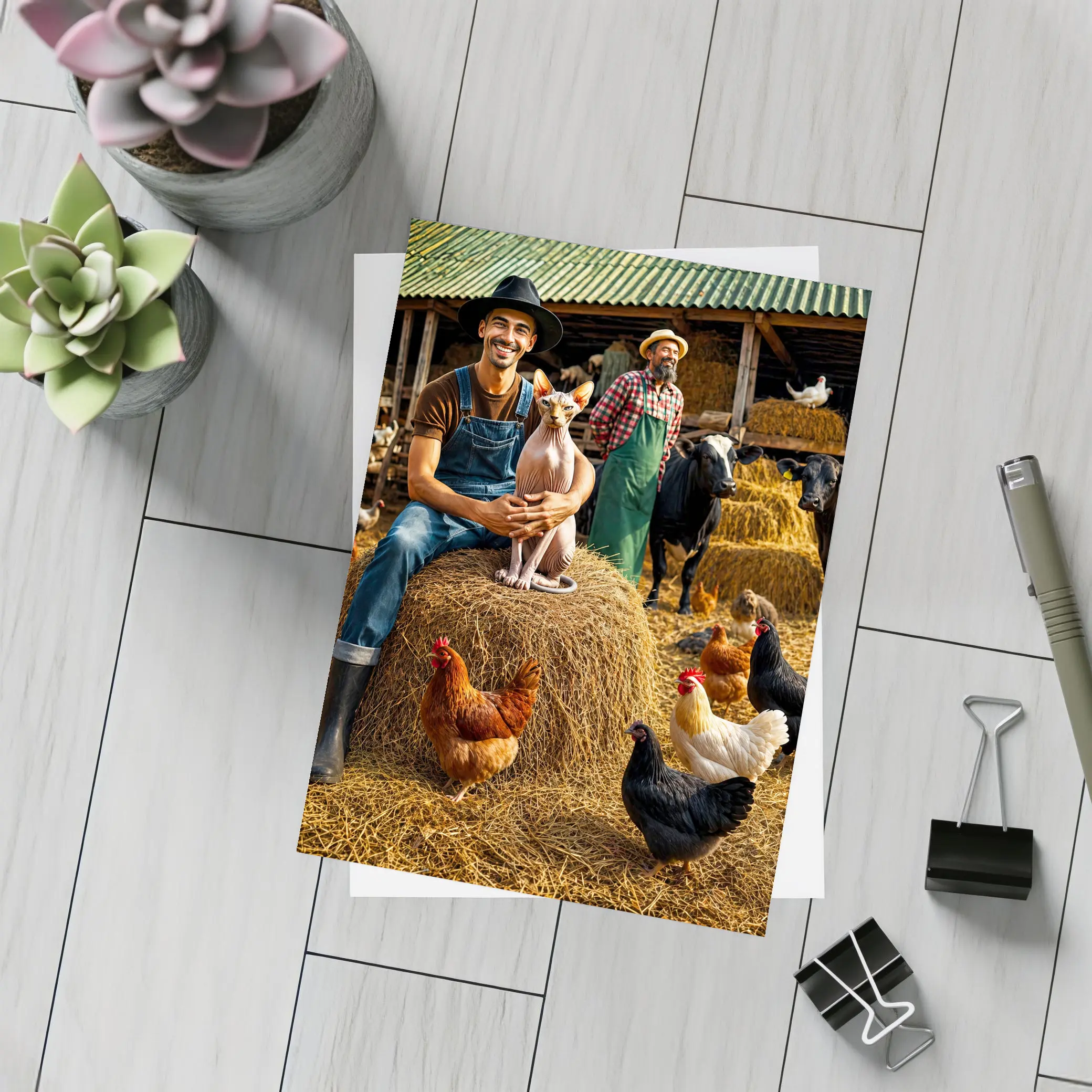 Sphynx Cat Farmer Barn Chickens Hay – Postcards