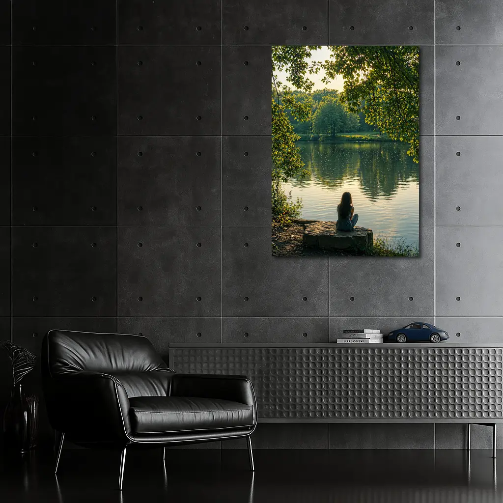 Girl Sitting Alone By Peaceful Lake – Wall Art