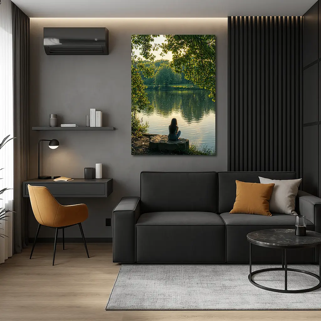 Girl Sitting Alone By Peaceful Lake – Wall Art