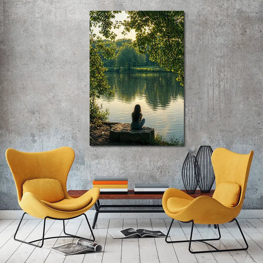 Girl Sitting Alone By Peaceful Lake – Wall Art