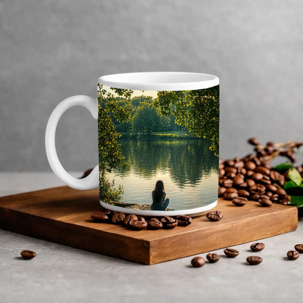 Girl Sitting Alone By Peaceful Lake – Mugs