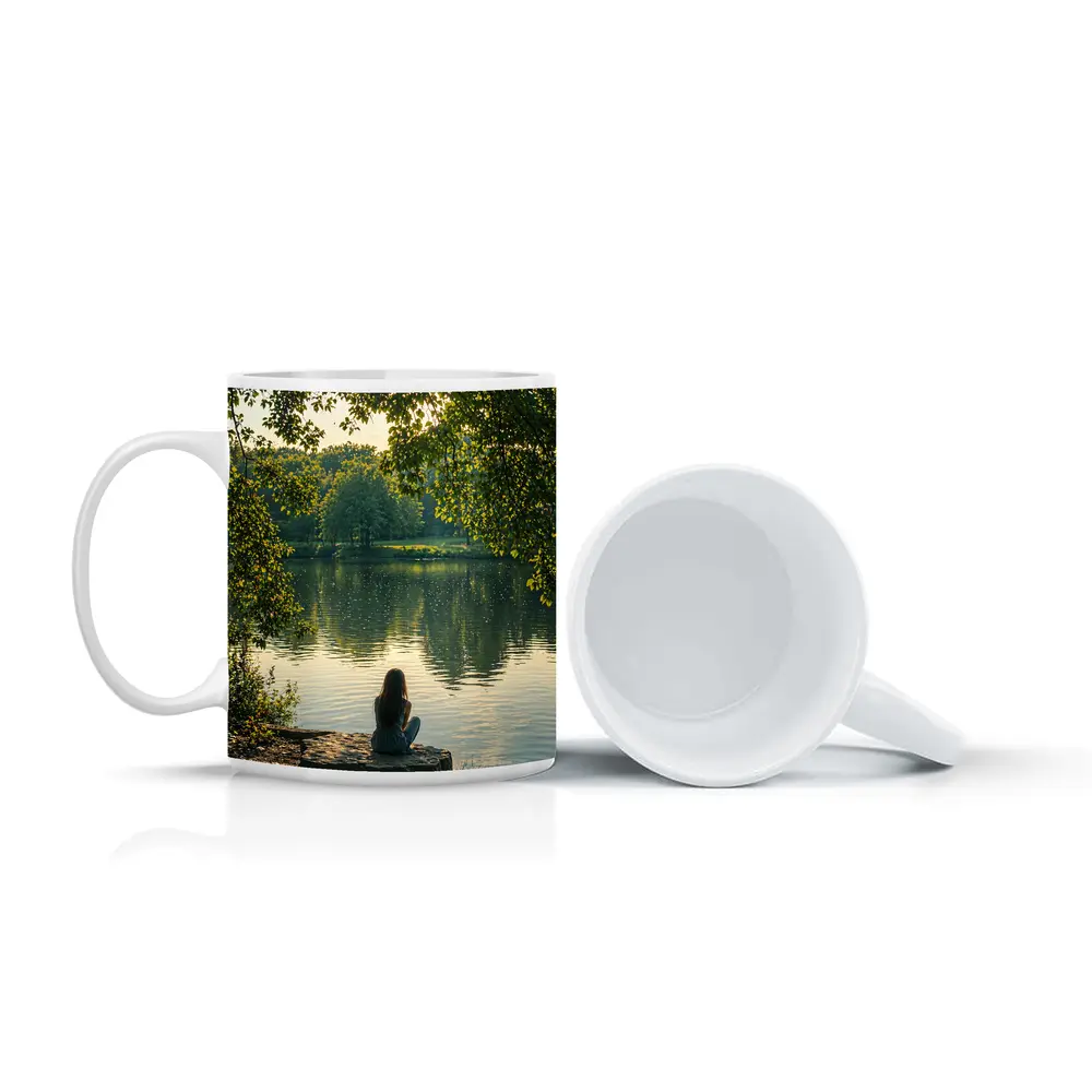 Girl Sitting Alone By Peaceful Lake – Mugs