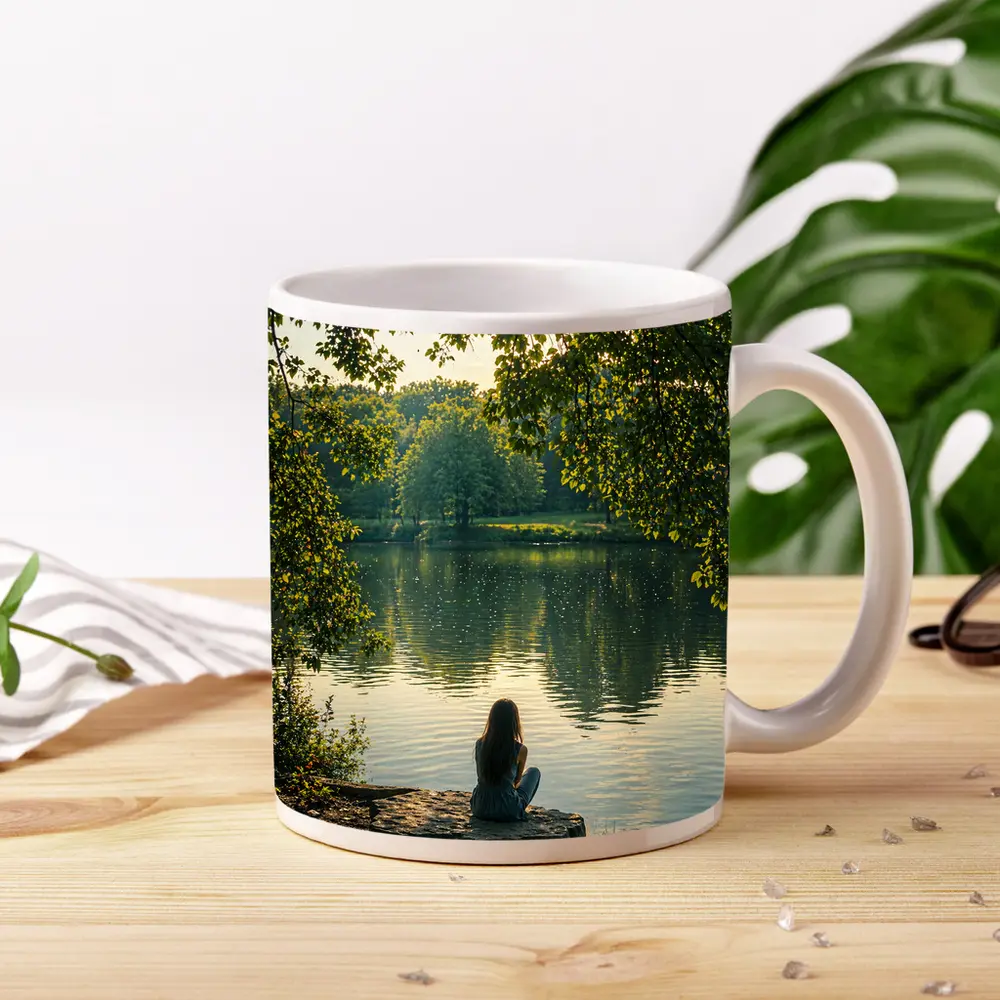 Girl Sitting Alone By Peaceful Lake – Mugs