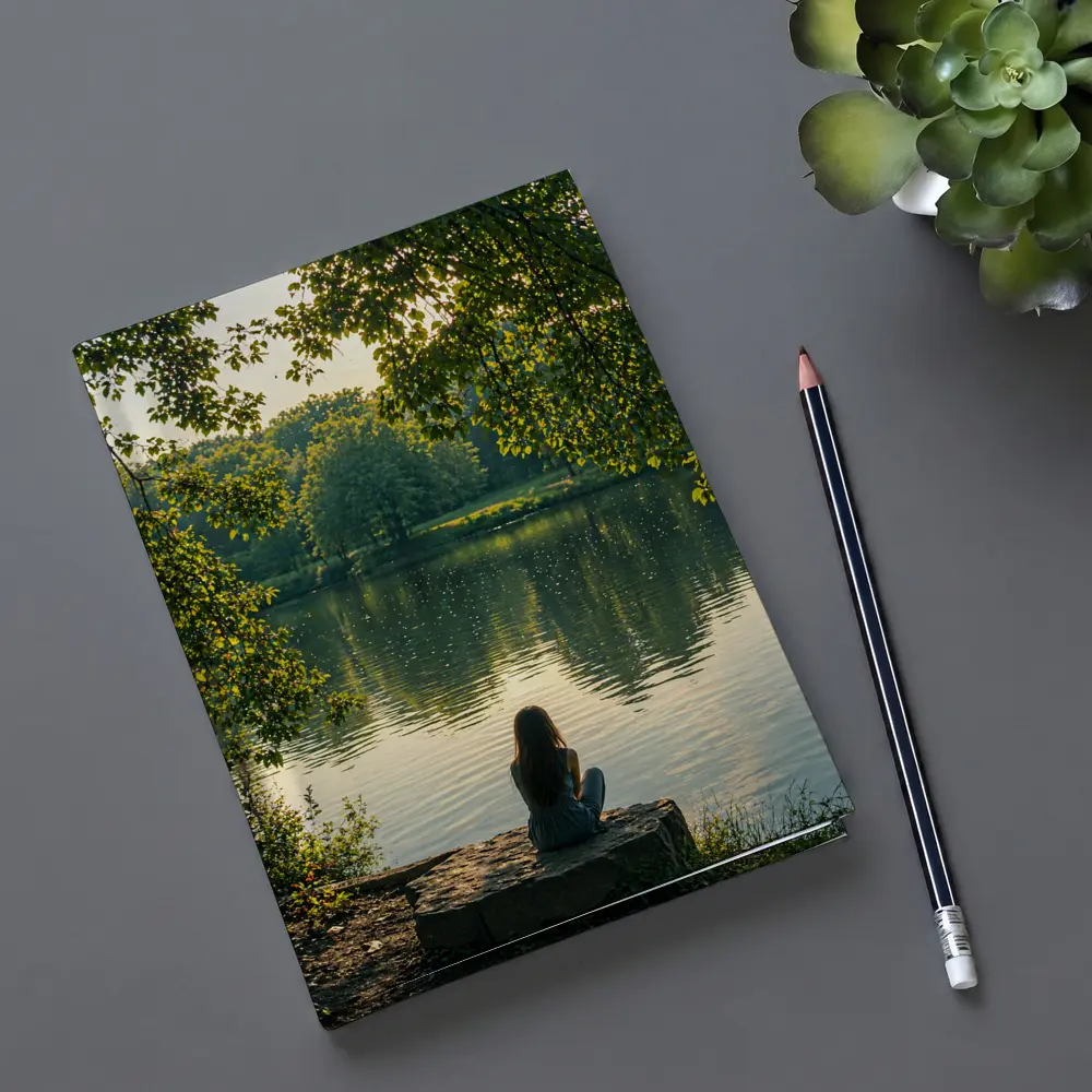Girl Sitting Alone By Peaceful Lake – Notebooks