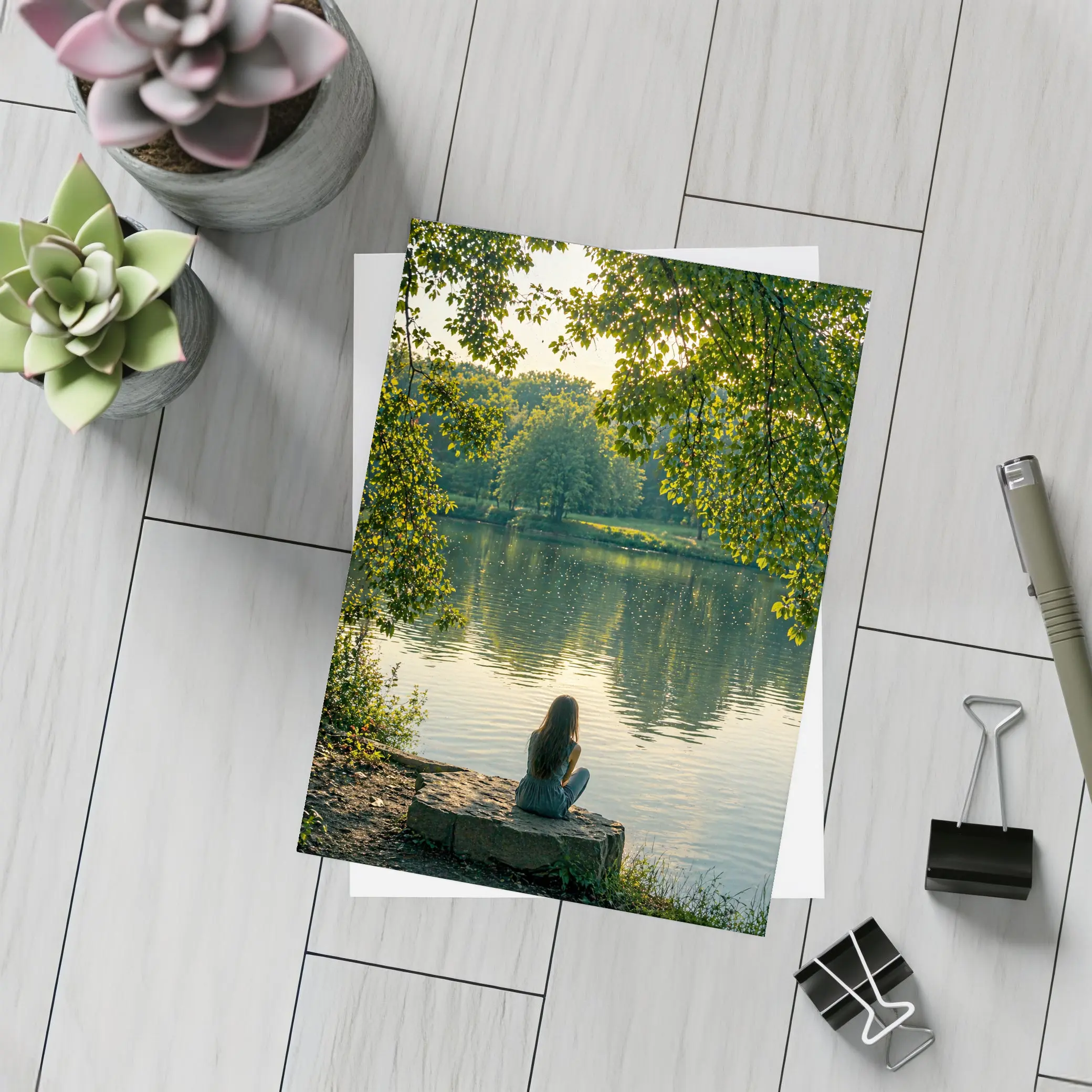 Girl Sitting Alone By Peaceful Lake – Postcards