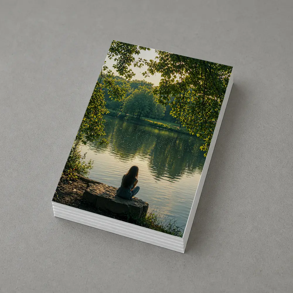 Girl Sitting Alone By Peaceful Lake – Postcards