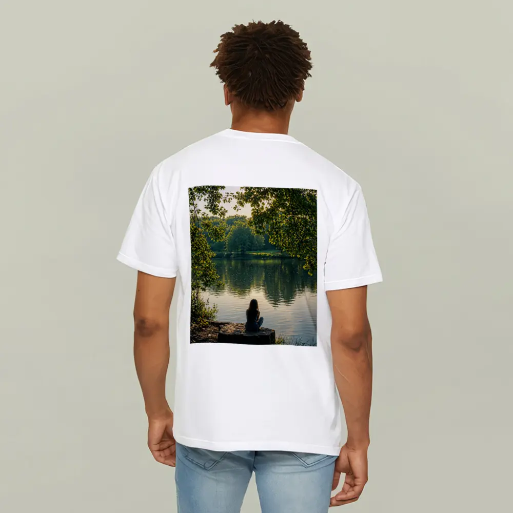 Girl Sitting Alone By Peaceful Lake – T-Shirts