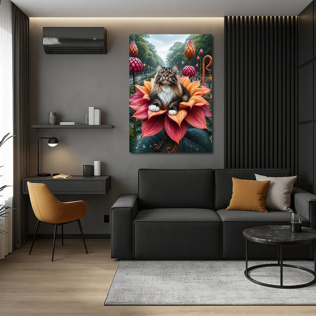 Norwegian Forest Cat Resting on Giant Flower – Wall Art
