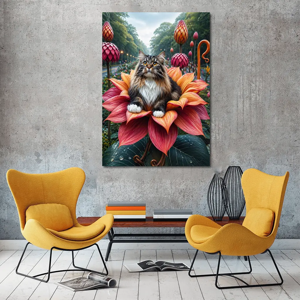 Norwegian Forest Cat Resting on Giant Flower – Wall Art