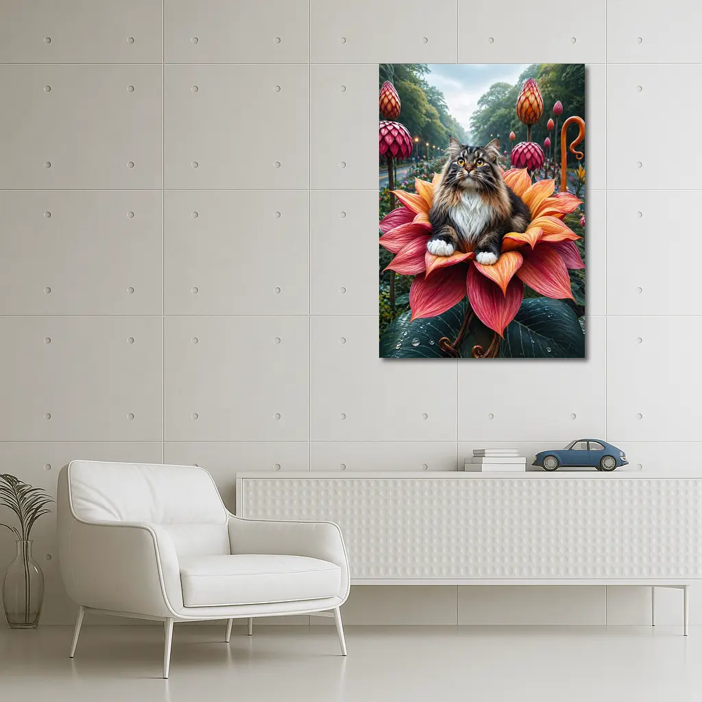 Norwegian Forest Cat Resting on Giant Flower – Wall Art