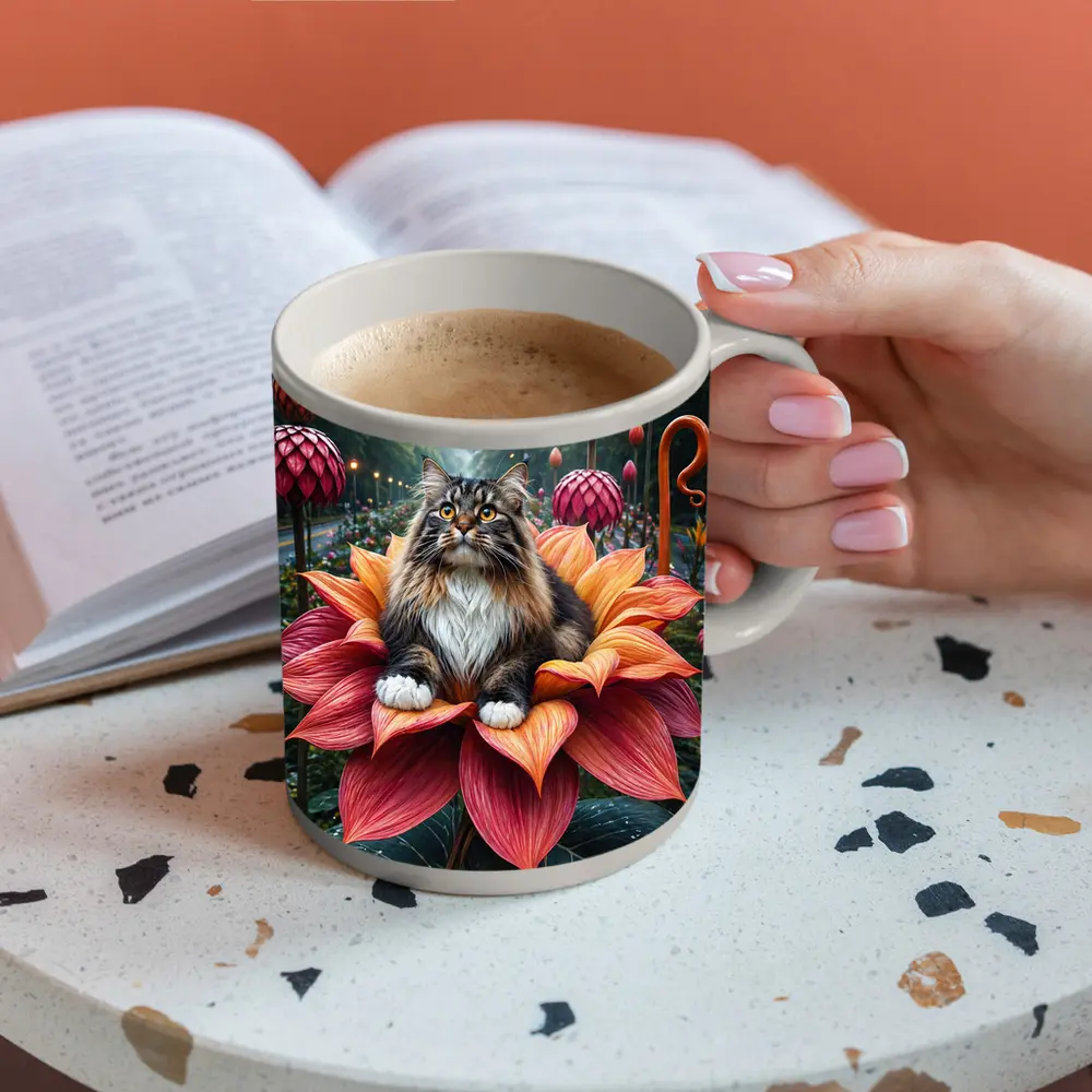 Norwegian Forest Cat Resting on Giant Flower – Mugs