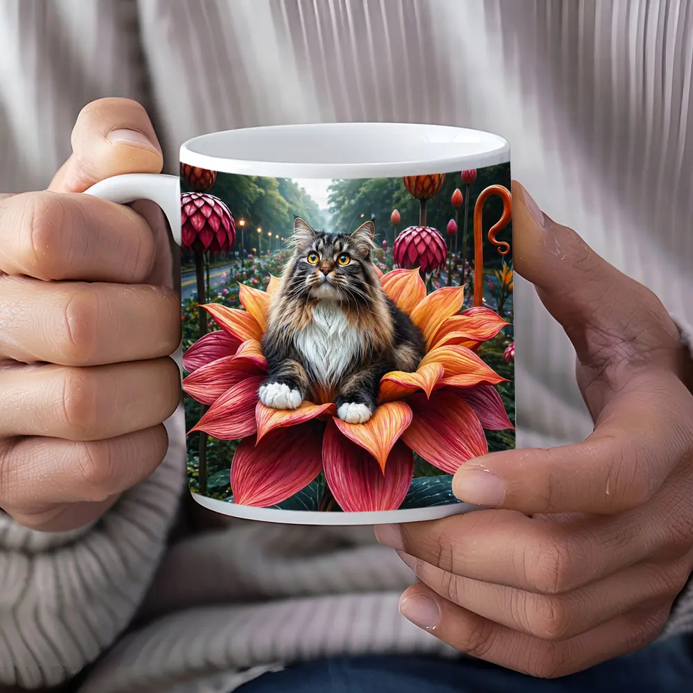 Norwegian Forest Cat Resting on Giant Flower – Mugs