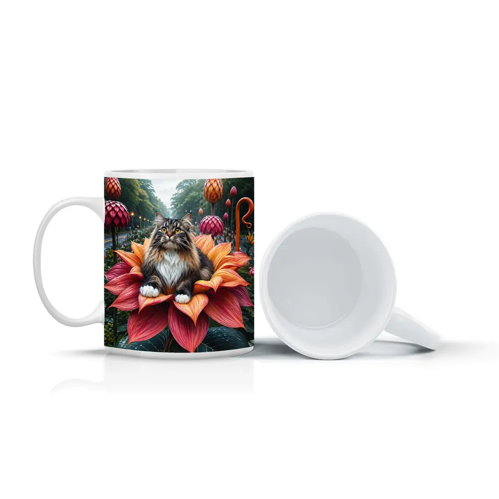 Norwegian Forest Cat Resting on Giant Flower – Mugs