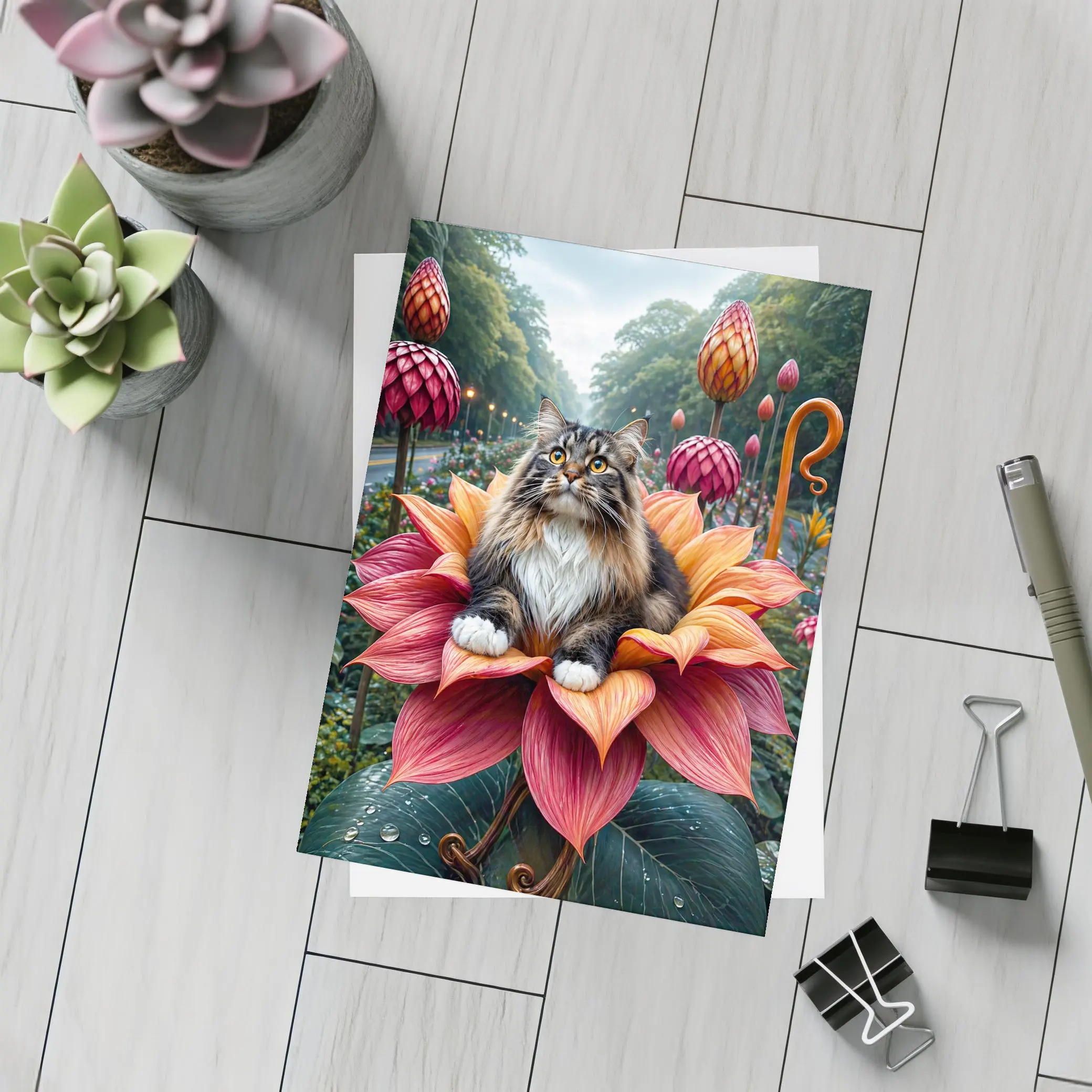 Norwegian Forest Cat Resting on Giant Flower – Postcards