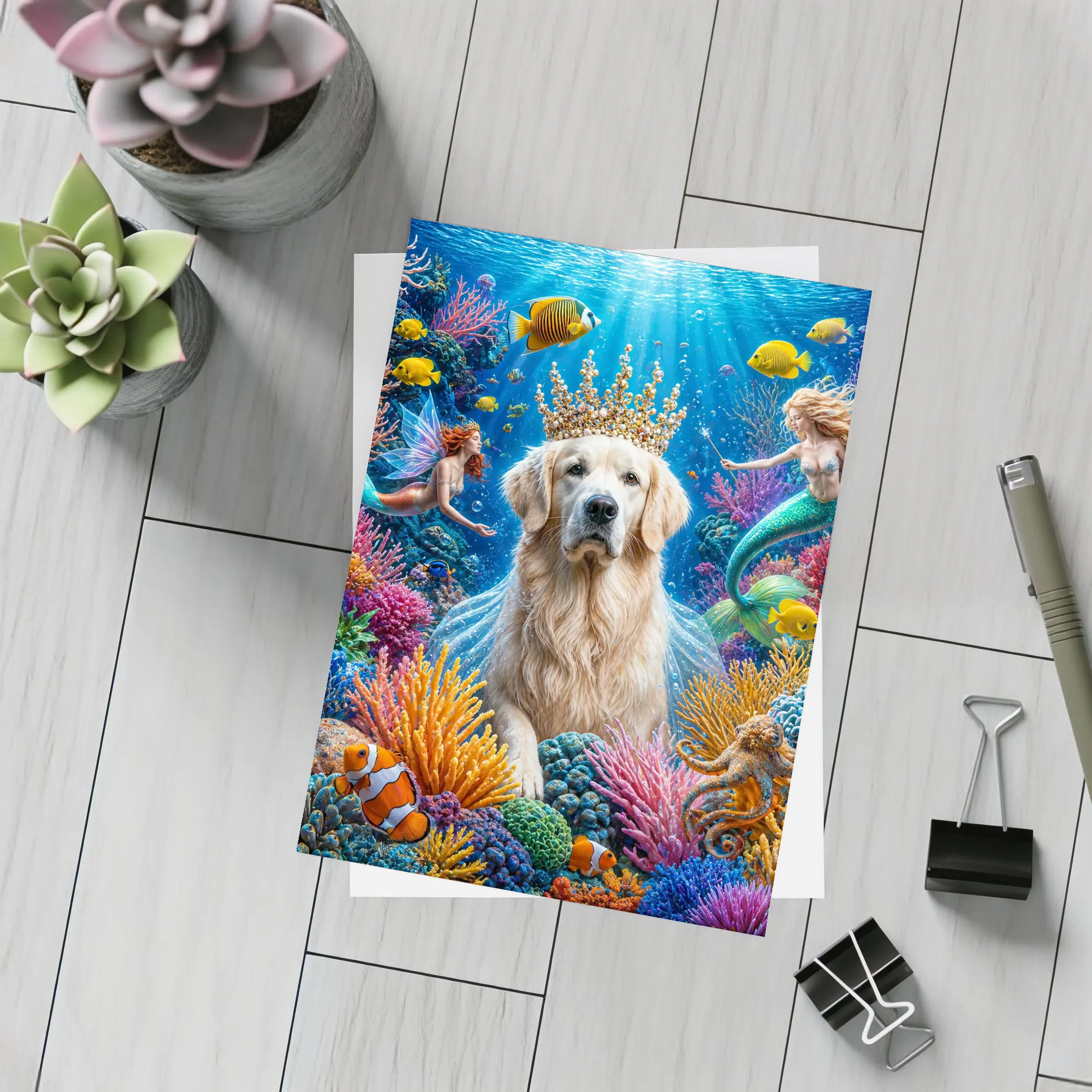 Golden Retriever King Underwater Mermaid Fantasy – Postcards