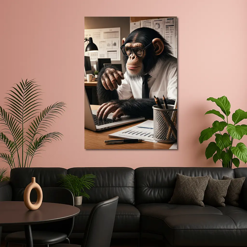 Chimpanzee Working At Office Desk – Wall Art