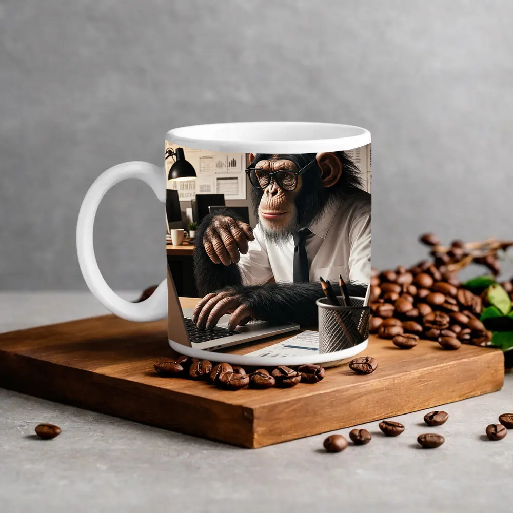 Chimpanzee Working At Office Desk – Mugs