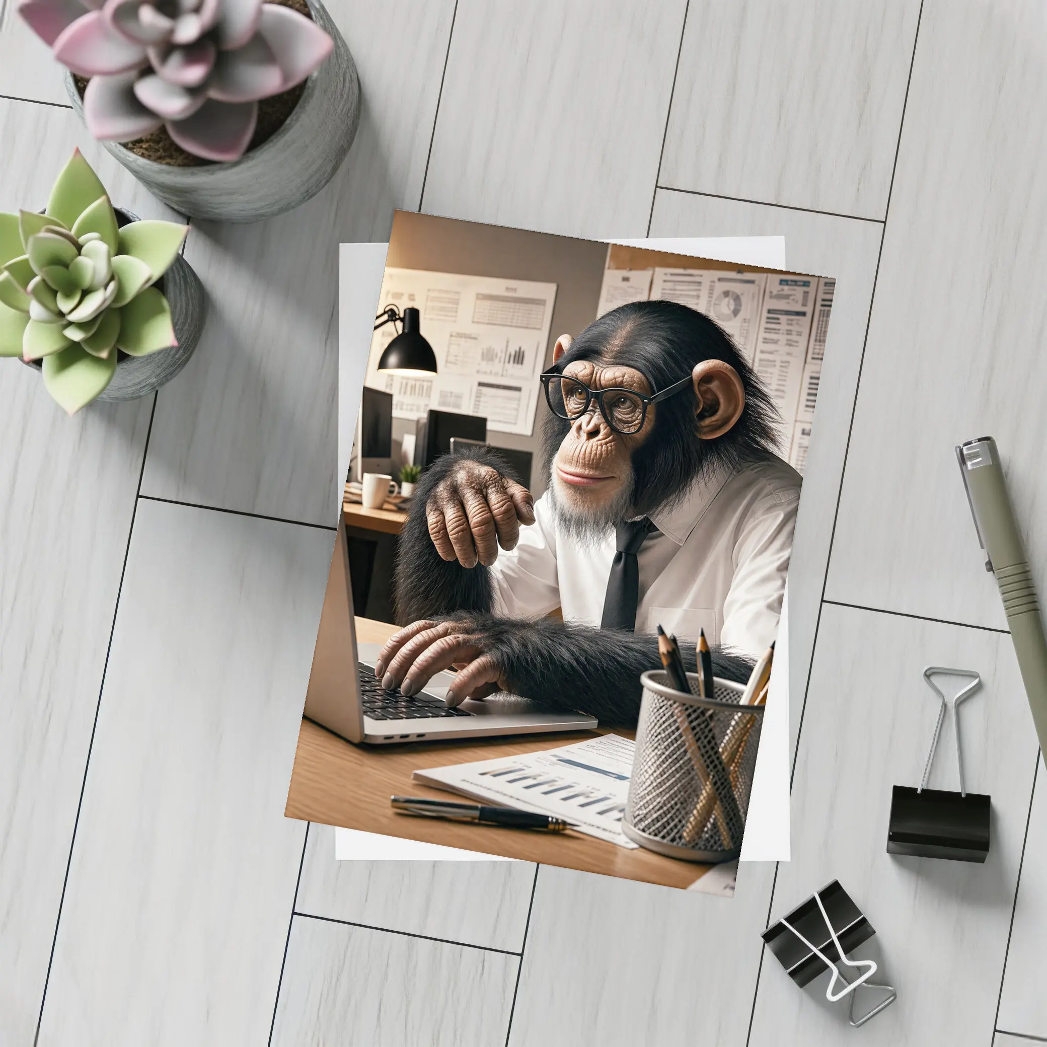 Chimpanzee Working At Office Desk – Postcards