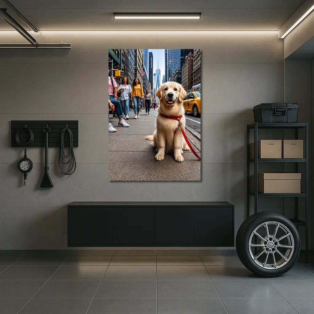 Golden Retriever Puppy Sitting New York City Street – Wall Art